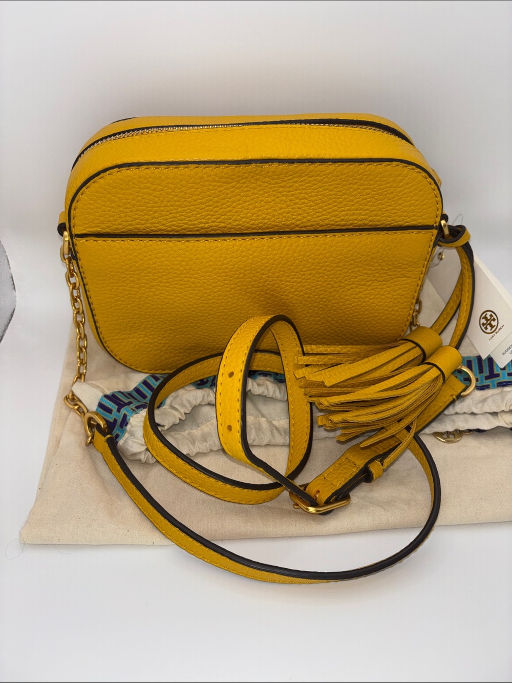 Tory Burch Sunshine Yellow Pebbled Leather Crossbody with Tassel - Picture 5 of 11